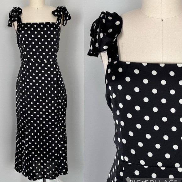 Aryeh Dresses & Skirts - Aryah Polka Dot Retro Bow Detail Shoulder Square Neck MIDI Dress Size Me…